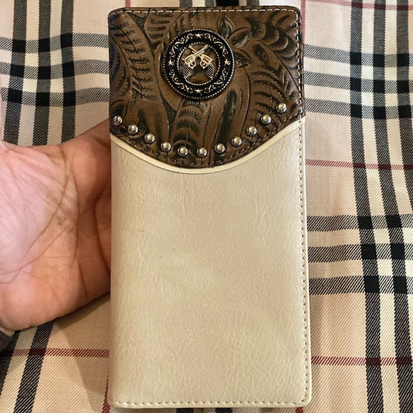 Mens Western Long Wallet Billetera Beige & Brown New - Picture 1 of 9